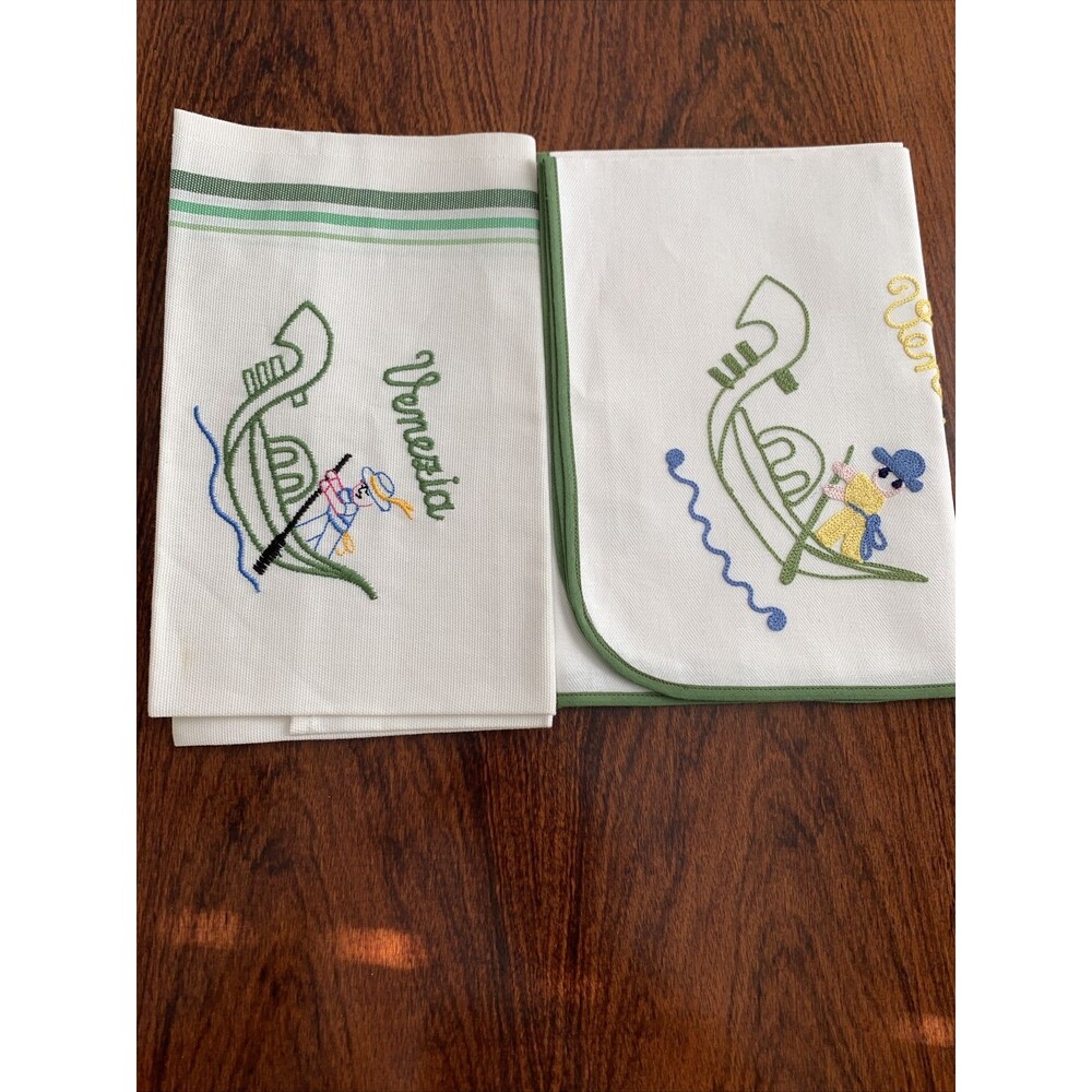 Venezia Tea Towel And Large Placemat Cotton White Green